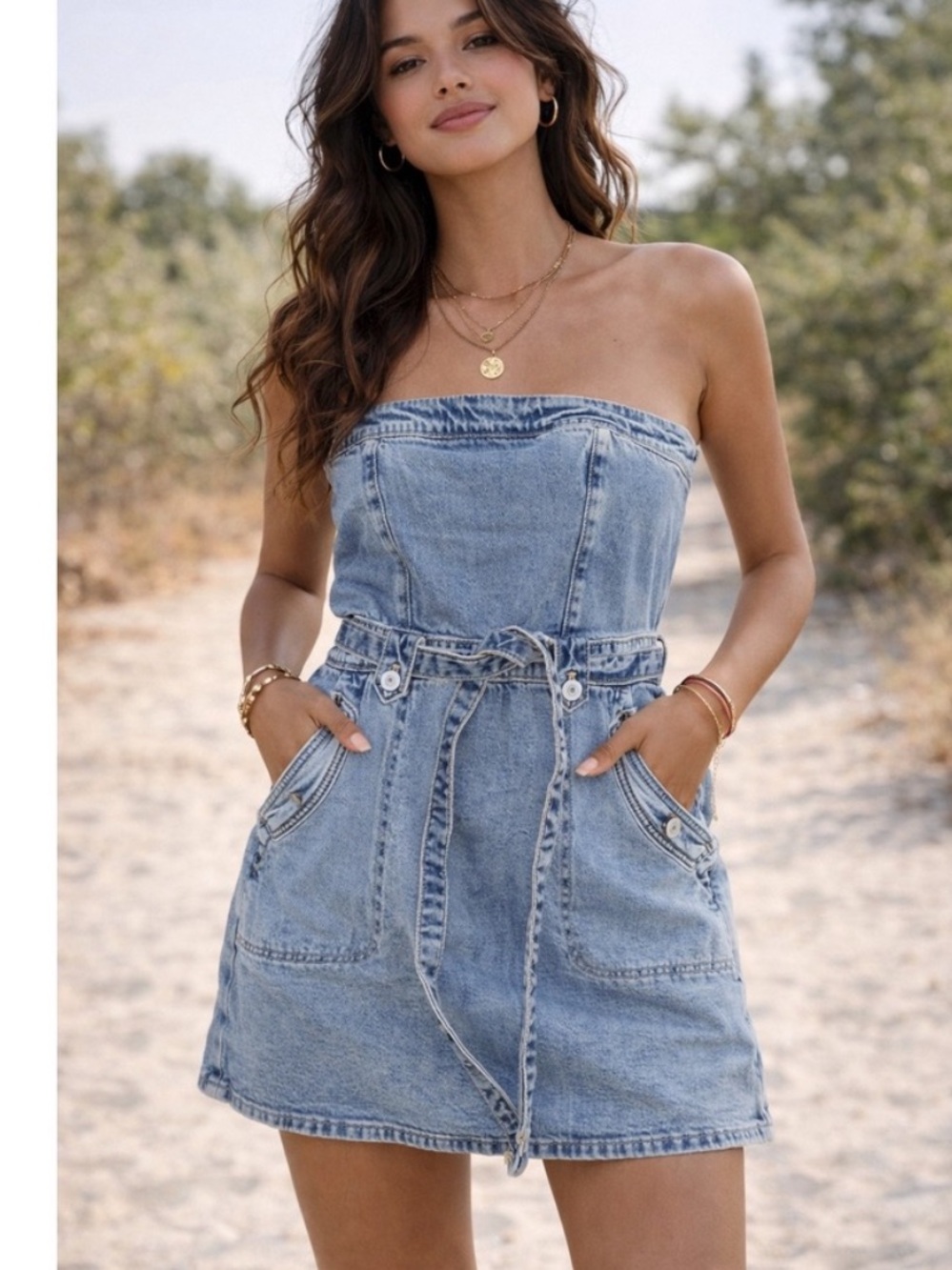 American Eagle Outfitters Blue Denim strapless belted mini Dress Y2K